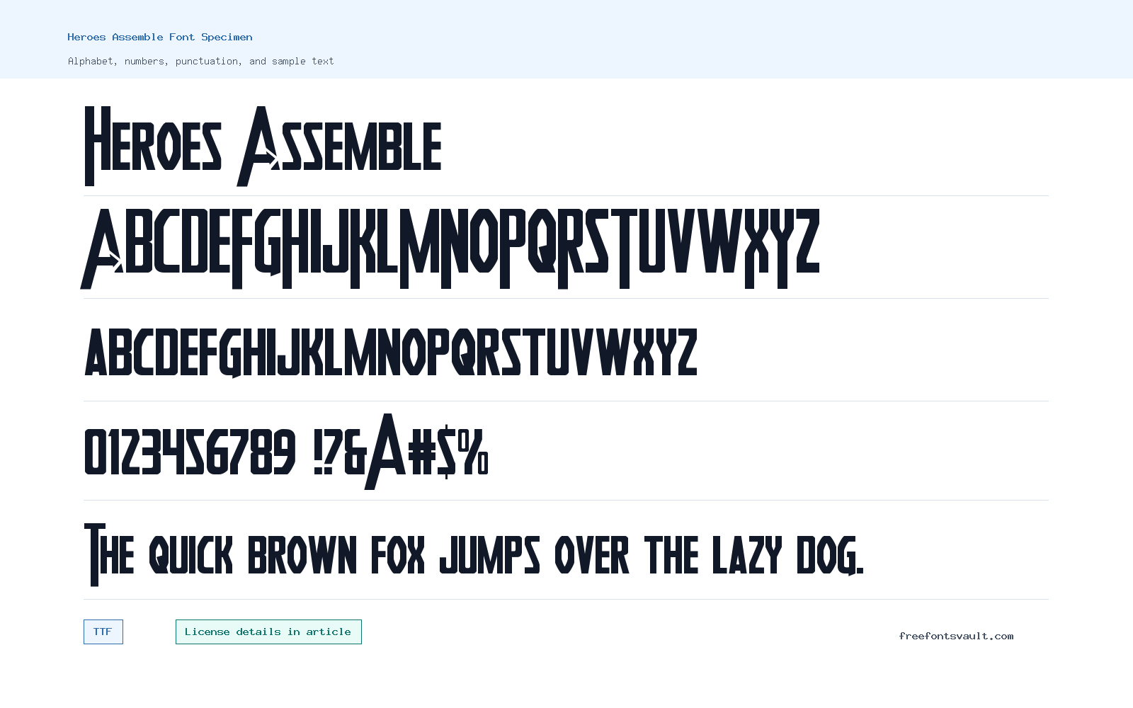 Heroes Assemble font specimen showing alphabet, numbers, and sample text