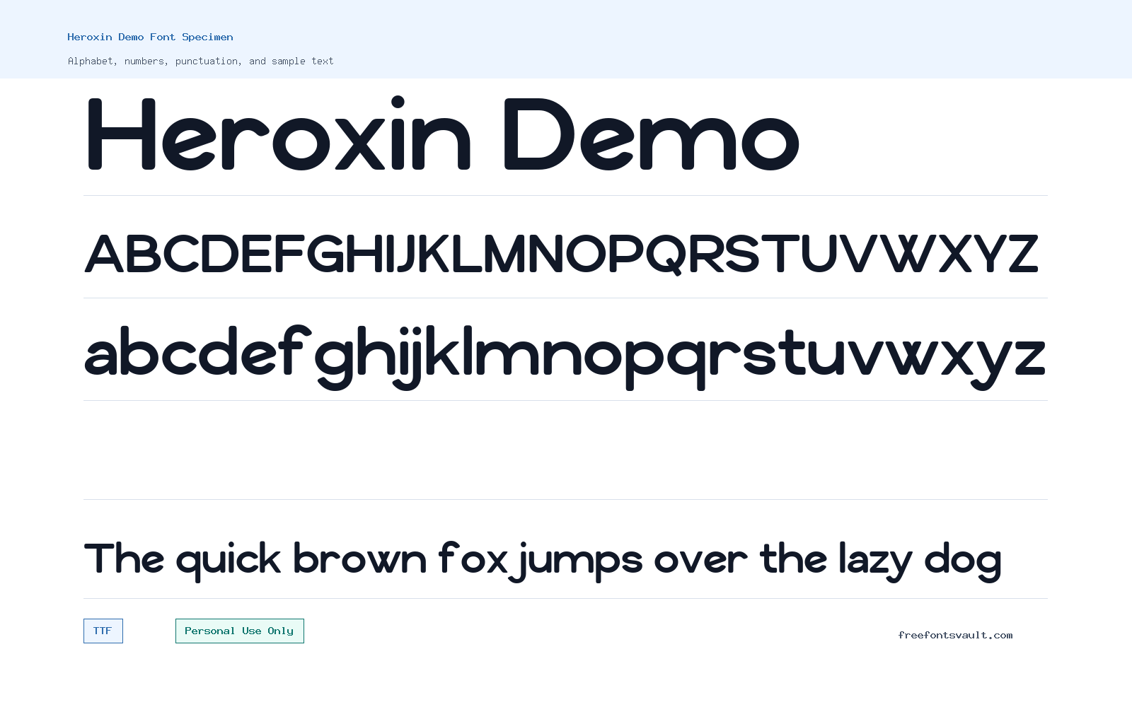 Heroxin Demo font specimen showing alphabet, numbers, and sample text