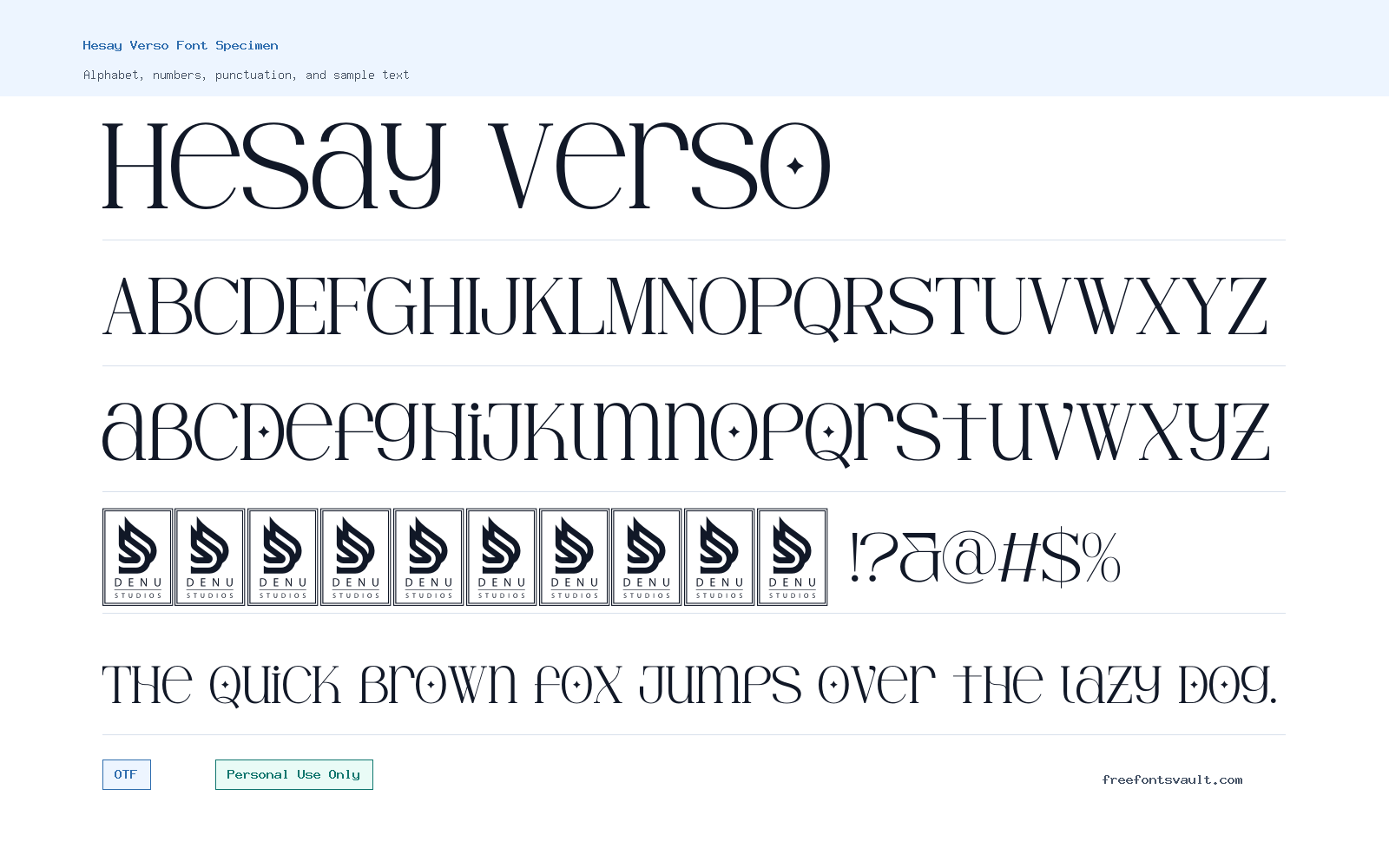 Hesay Verso font specimen showing alphabet, numbers, and sample text