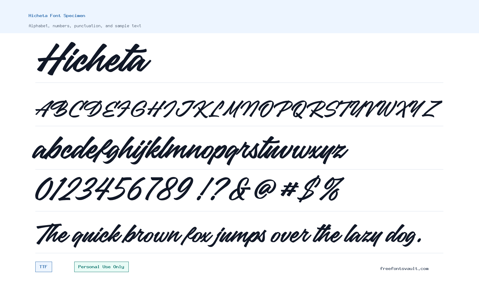 Hicheta font specimen showing alphabet, numbers, and sample text