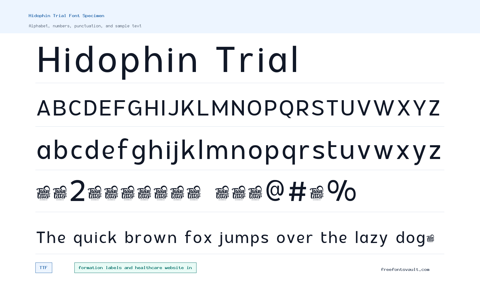 Hidophin Trial font specimen showing alphabet, numbers, and sample text
