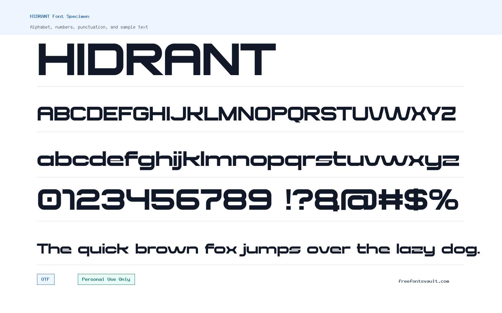 HIDRANT font specimen showing alphabet, numbers, and sample text