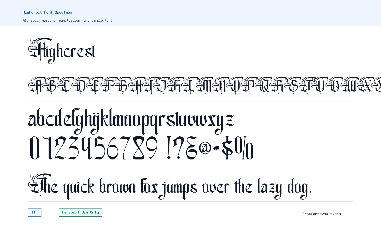 Highcrest font specimen showing alphabet, numbers, and sample text