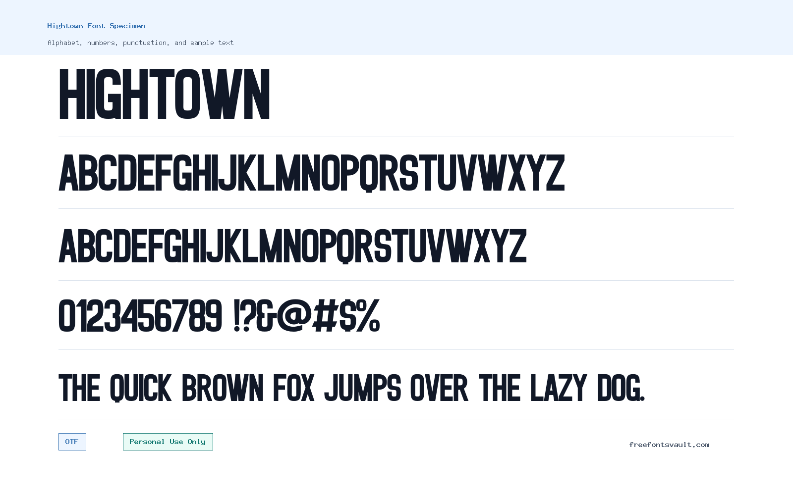 Hightown font specimen showing alphabet, numbers, and sample text