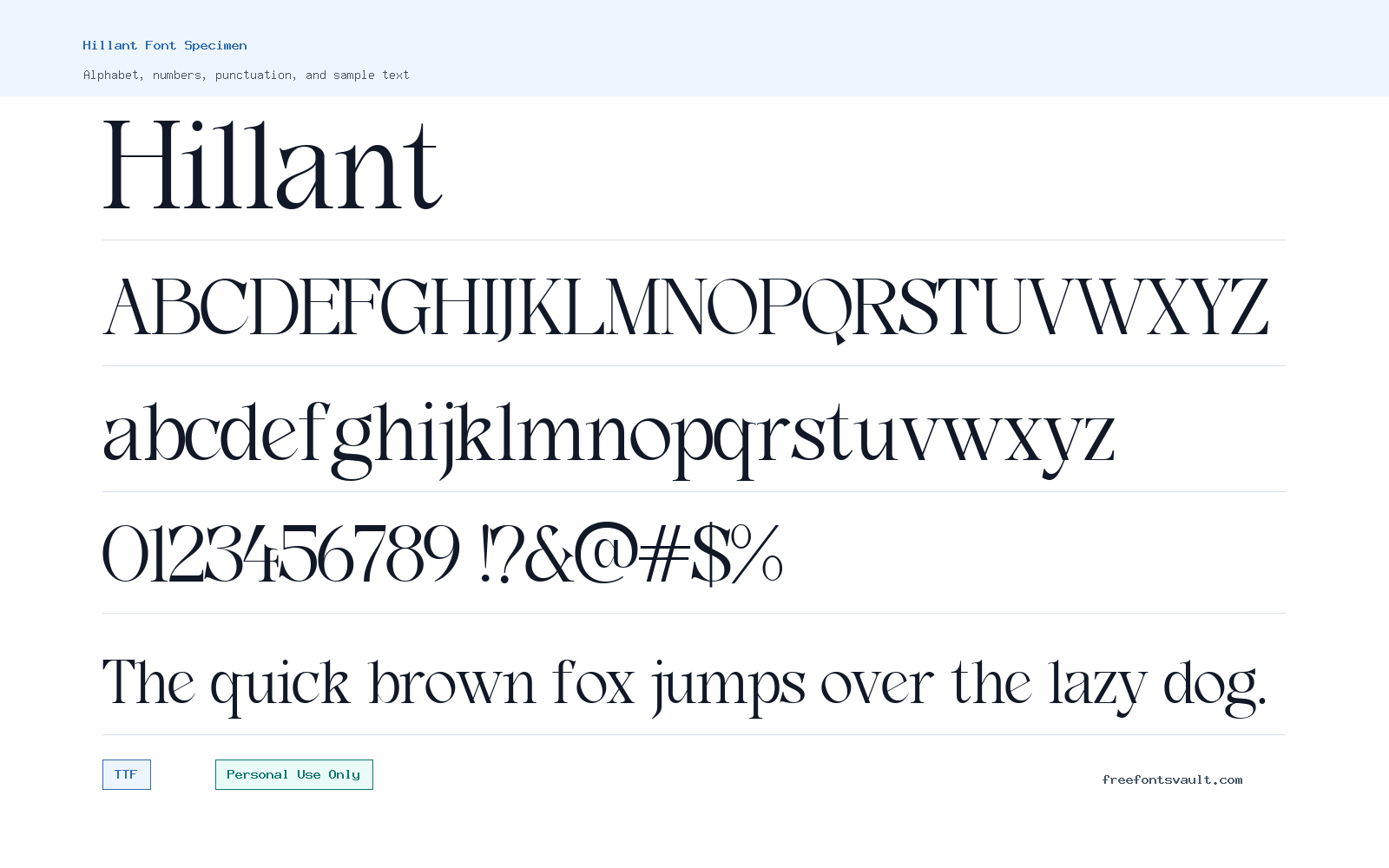 Hillant font specimen showing alphabet, numbers, and sample text