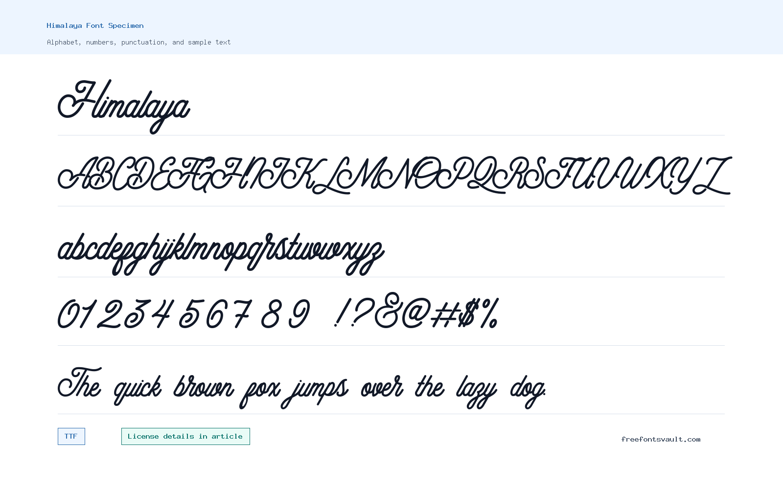Himalaya font specimen showing alphabet, numbers, and sample text