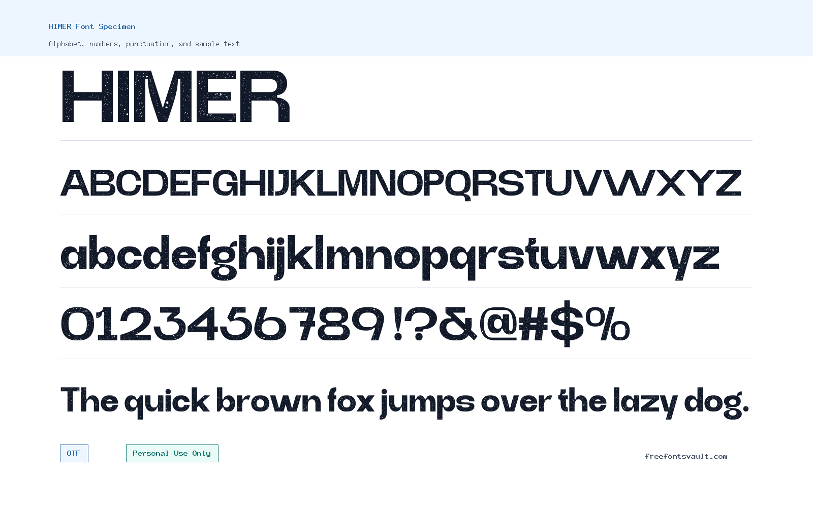 HIMER font specimen showing alphabet, numbers, and sample text