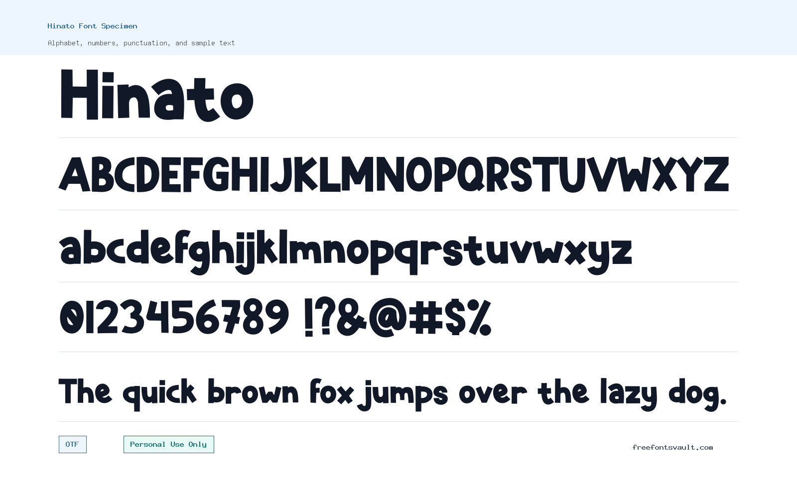 Hinato font specimen showing alphabet, numbers, and sample text