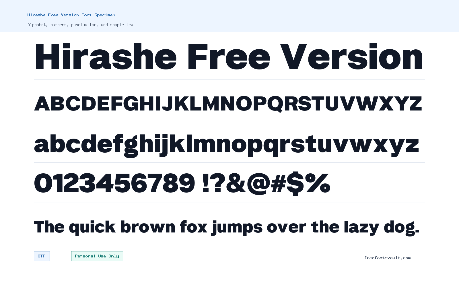 Hirashe Free Version font specimen showing alphabet, numbers, and sample text
