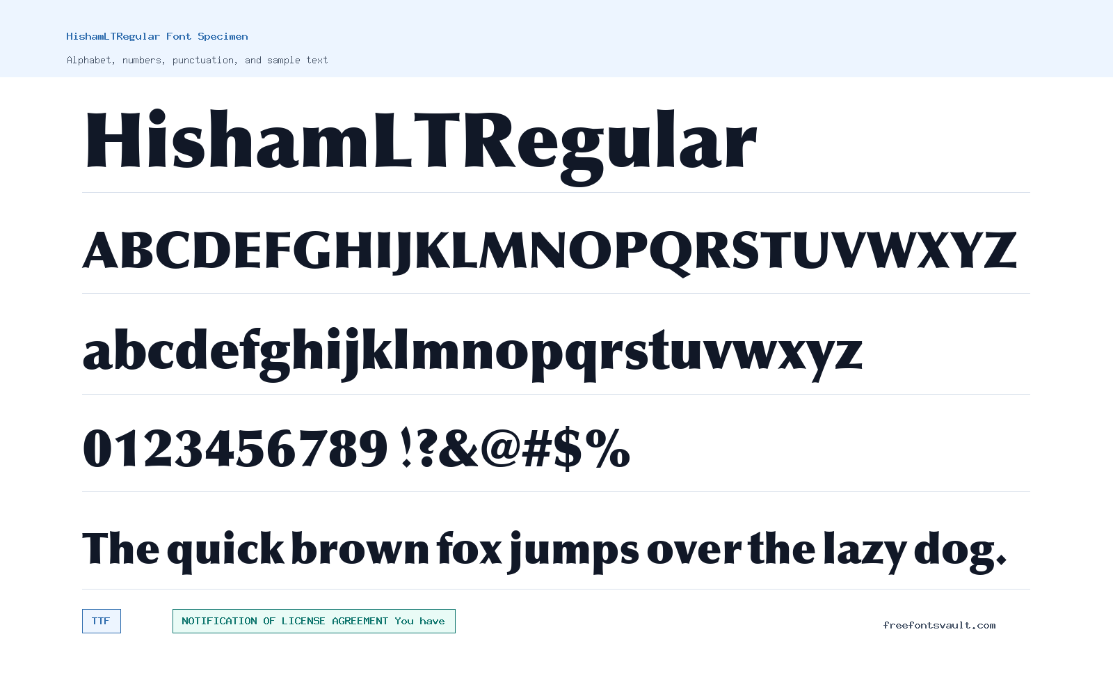HishamLTRegular font specimen showing alphabet, numbers, and sample text