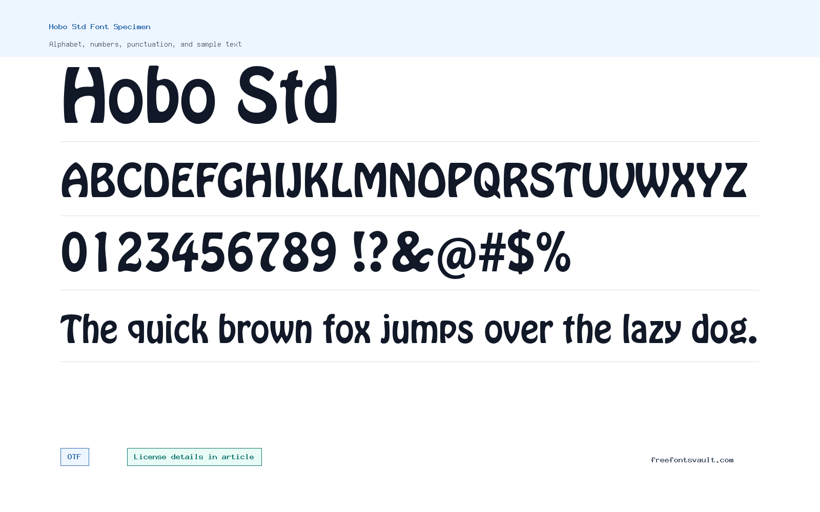 Hobo Std font specimen showing alphabet, numbers, and sample text