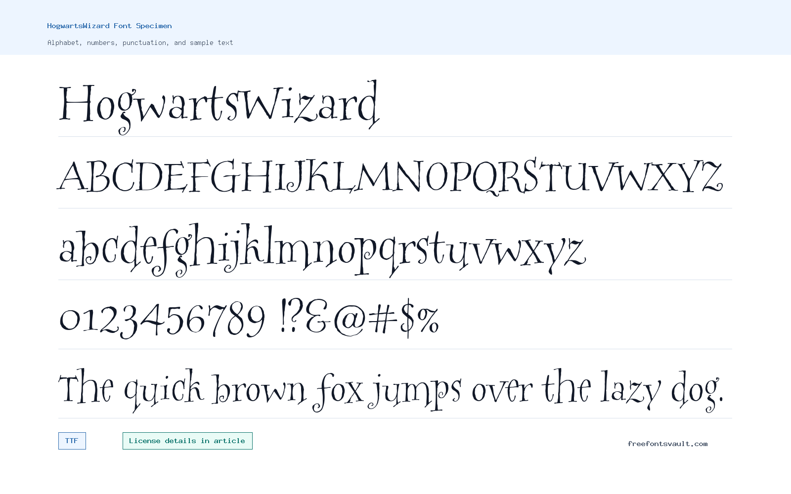 HogwartsWizard font specimen showing alphabet, numbers, and sample text
