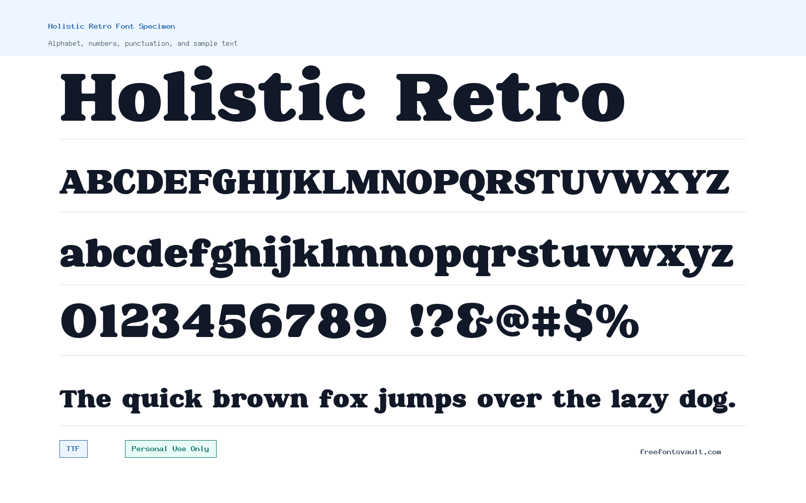 Holistic Retro font specimen showing alphabet, numbers, and sample text