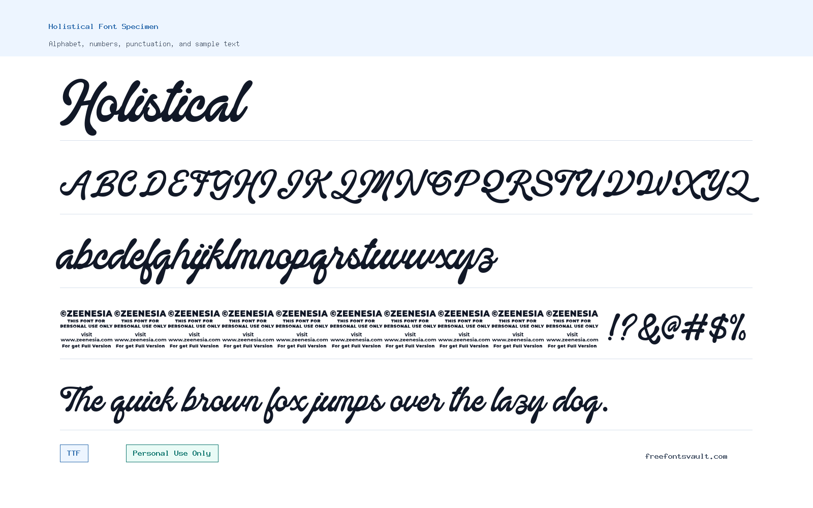 Holistical font specimen showing alphabet, numbers, and sample text