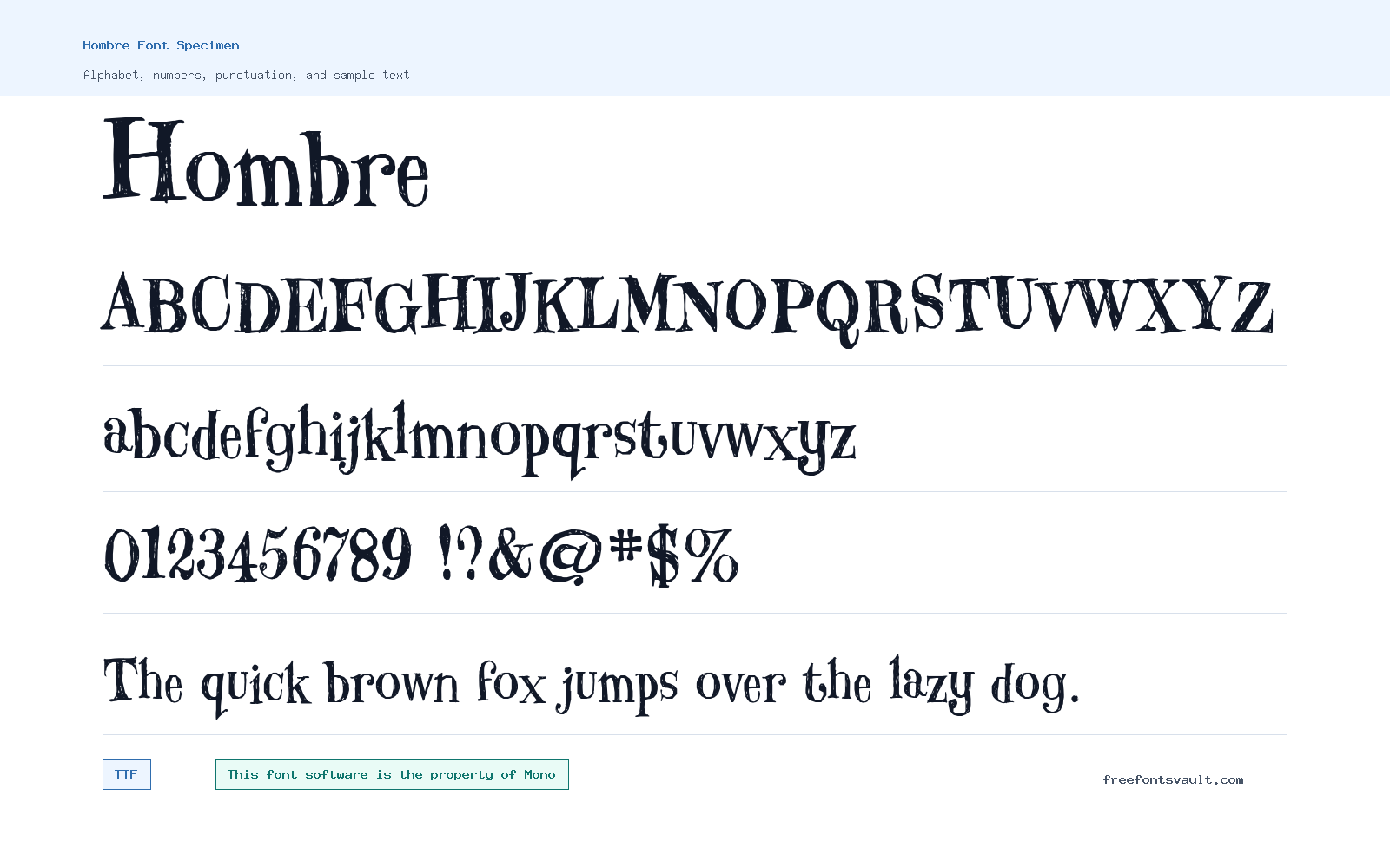 Hombre font specimen showing alphabet, numbers, and sample text