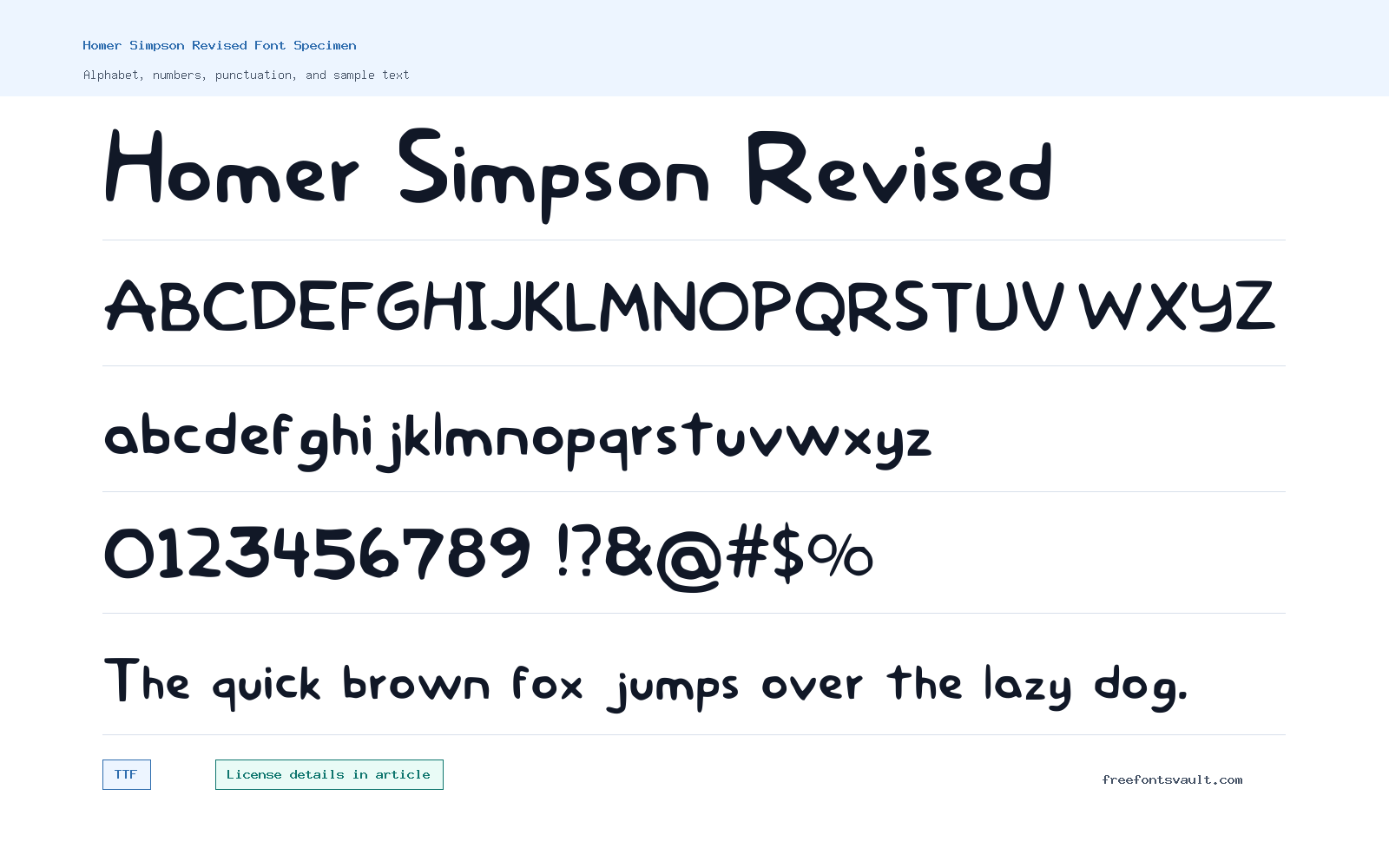 Homer Simpson Revised font specimen showing alphabet, numbers, and sample text