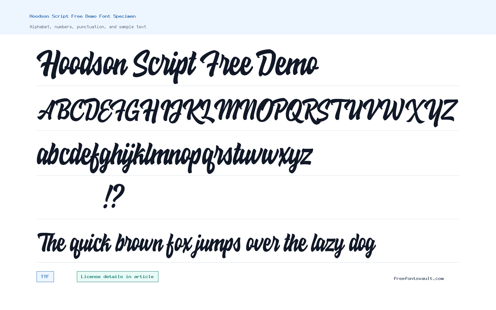Hoodson Script Free Demo font specimen showing alphabet, numbers, and sample text