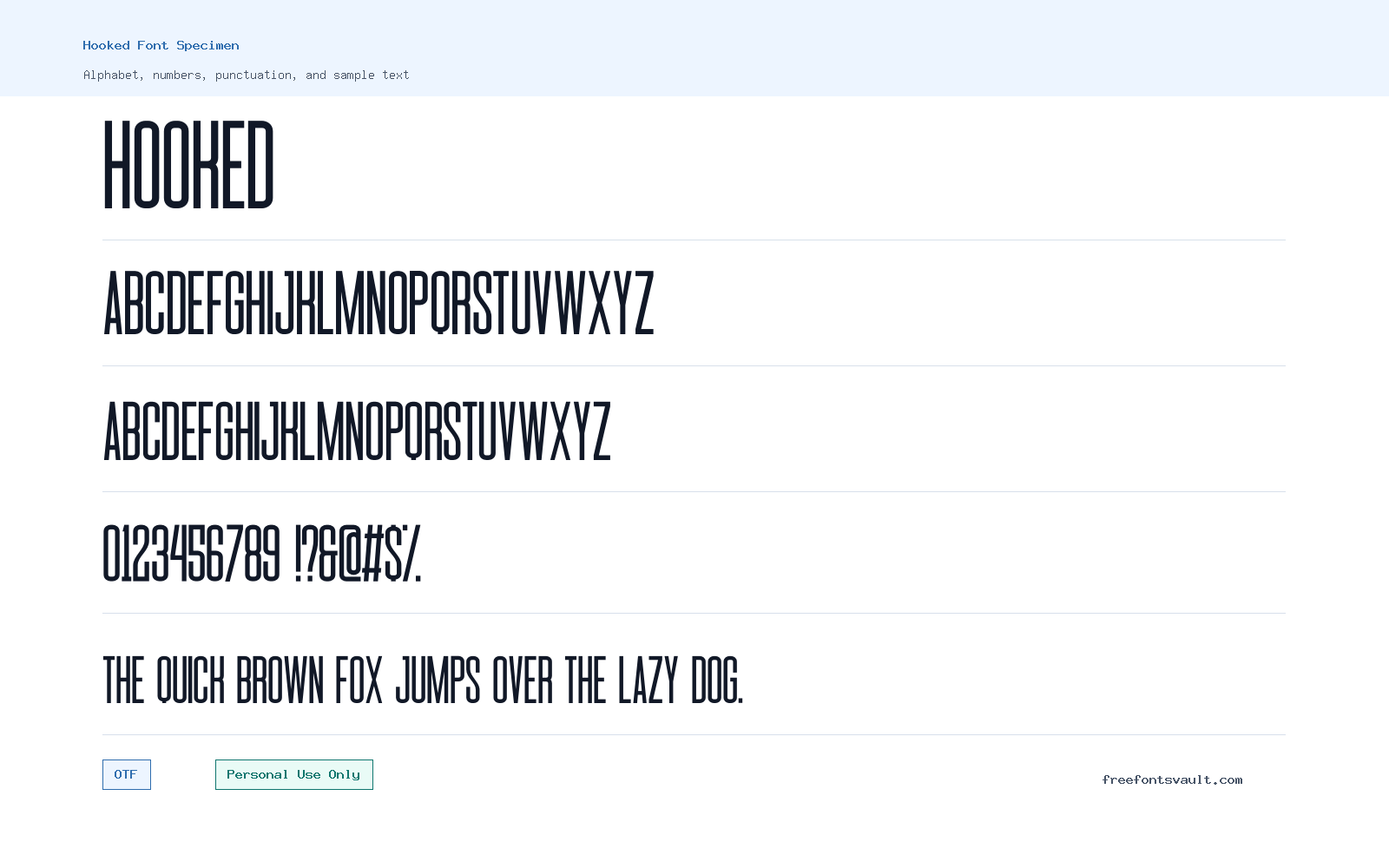 Hooked font specimen showing alphabet, numbers, and sample text