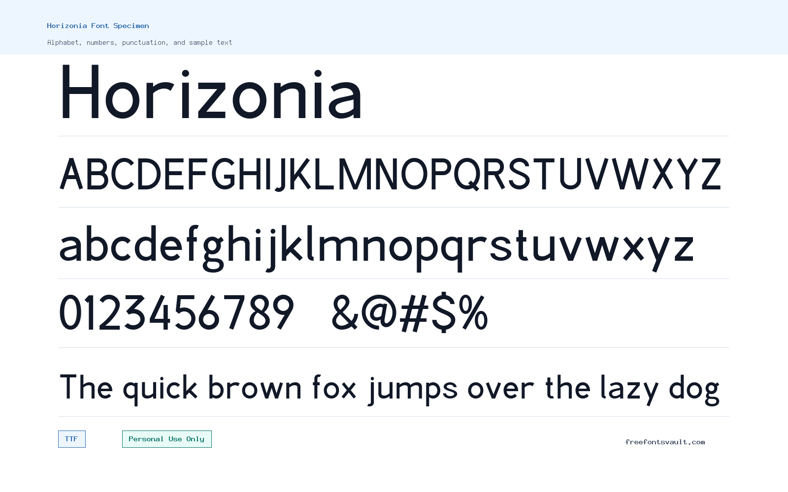 Horizonia font specimen showing alphabet, numbers, and sample text