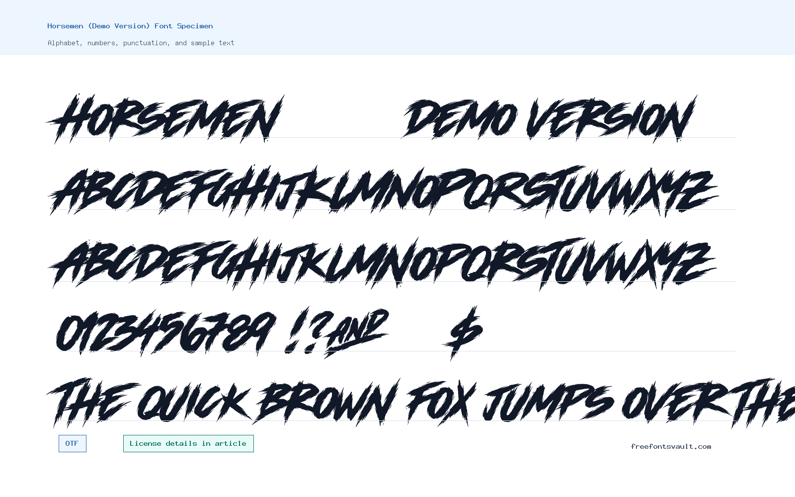 Horsemen (Demo Version) font specimen showing alphabet, numbers, and sample text