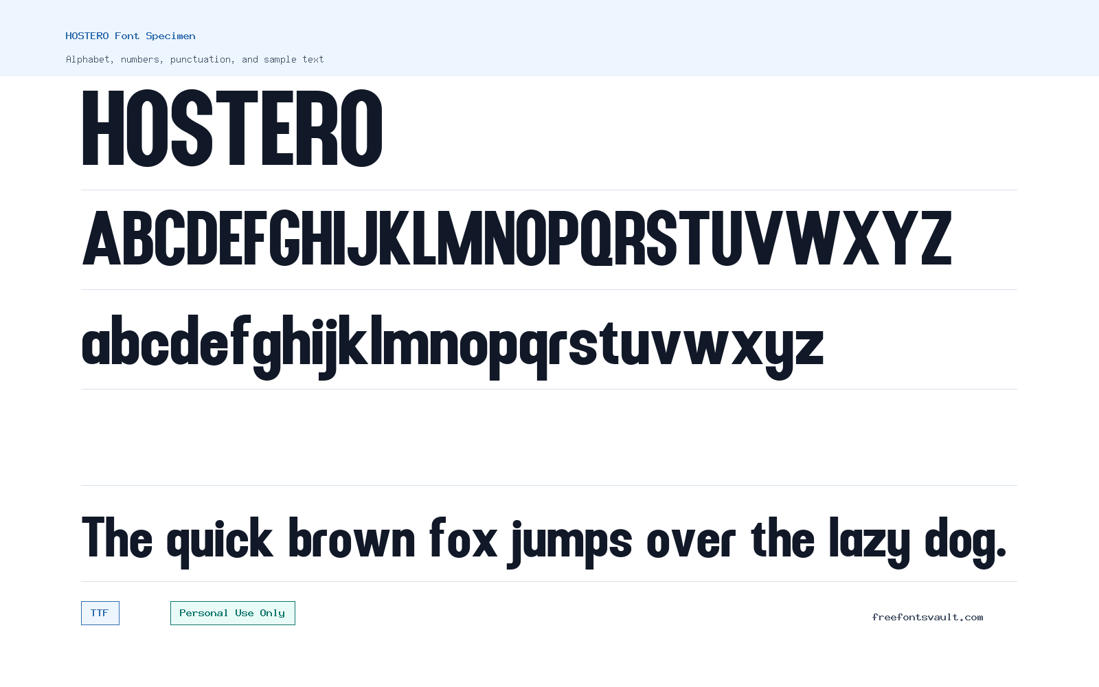 HOSTERO font specimen showing alphabet, numbers, and sample text