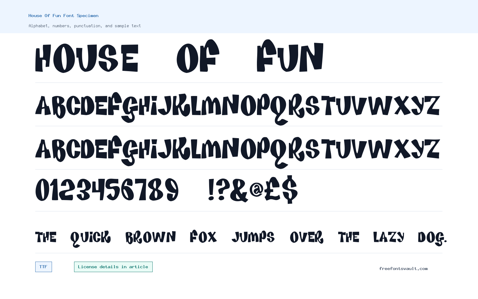 House Of Fun font specimen showing alphabet, numbers, and sample text