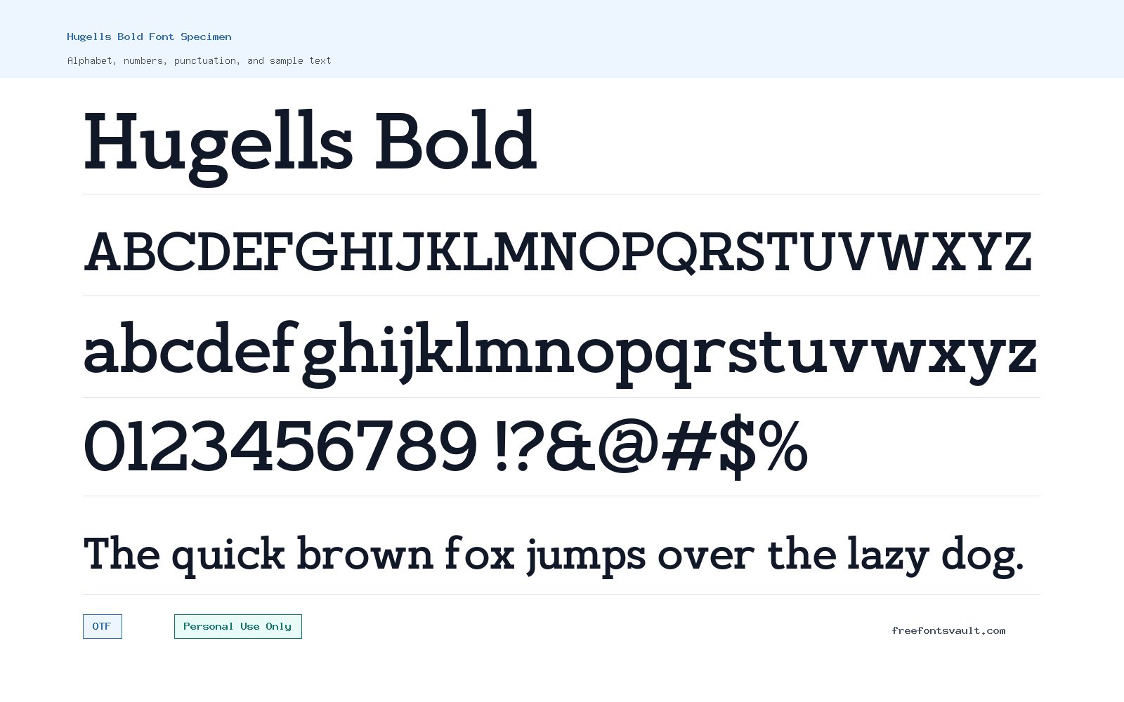 Hugells Bold font specimen showing alphabet, numbers, and sample text
