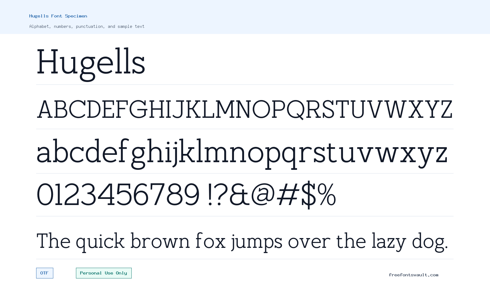 Hugells font specimen showing alphabet, numbers, and sample text