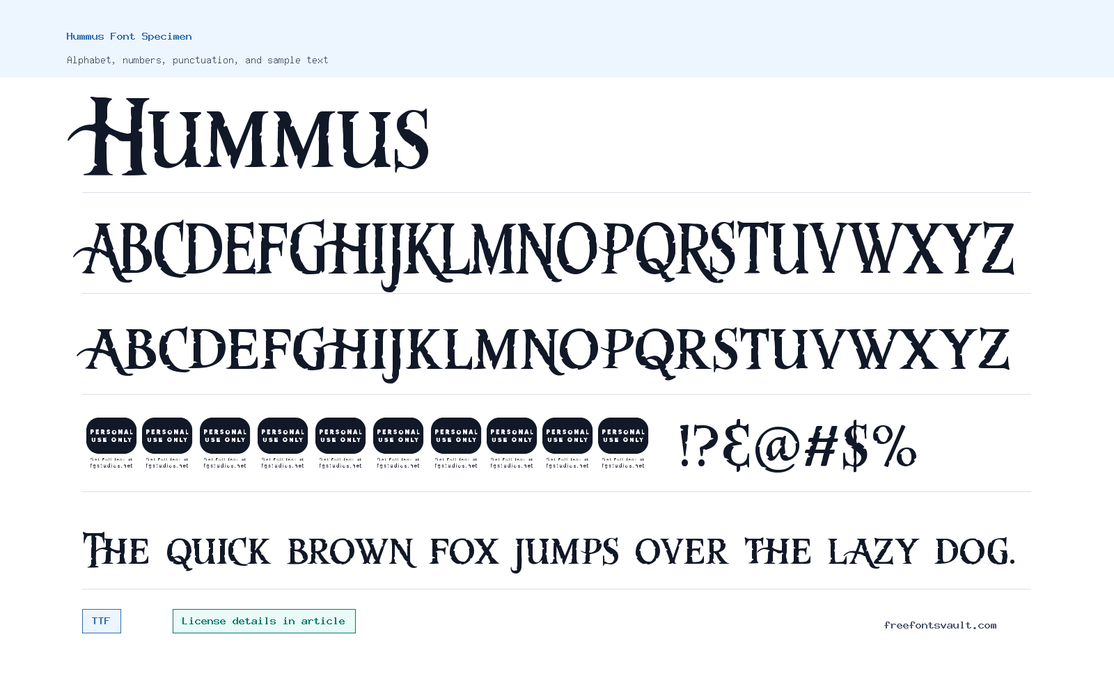 Hummus font specimen showing alphabet, numbers, and sample text