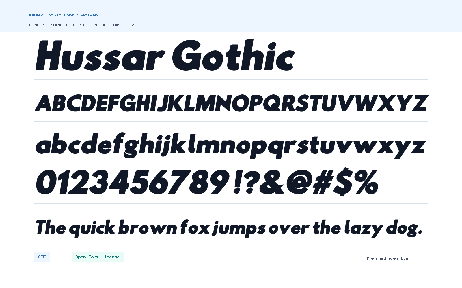 Hussar Gothic font specimen showing alphabet, numbers, and sample text