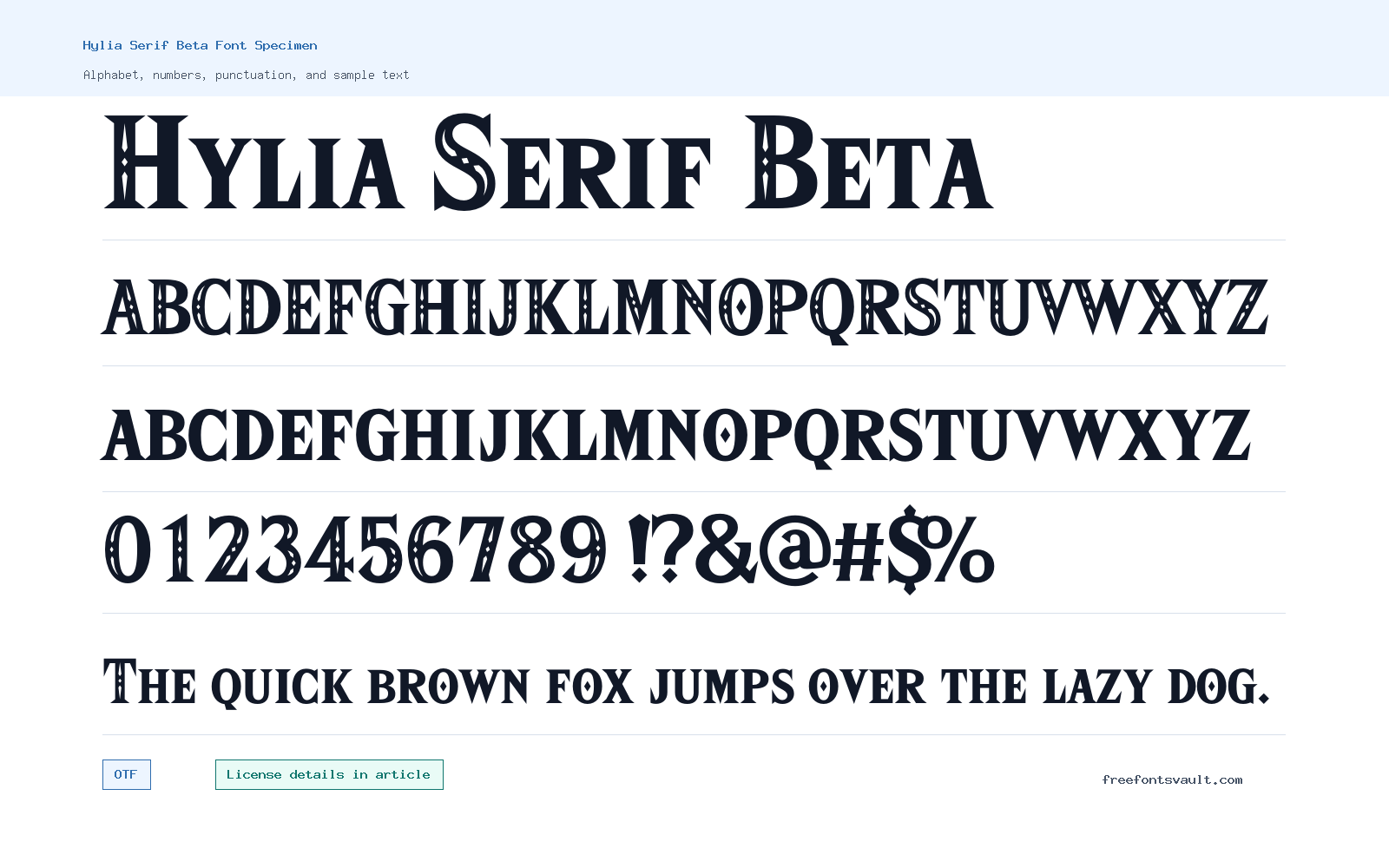 Hylia Serif Beta font specimen showing alphabet, numbers, and sample text