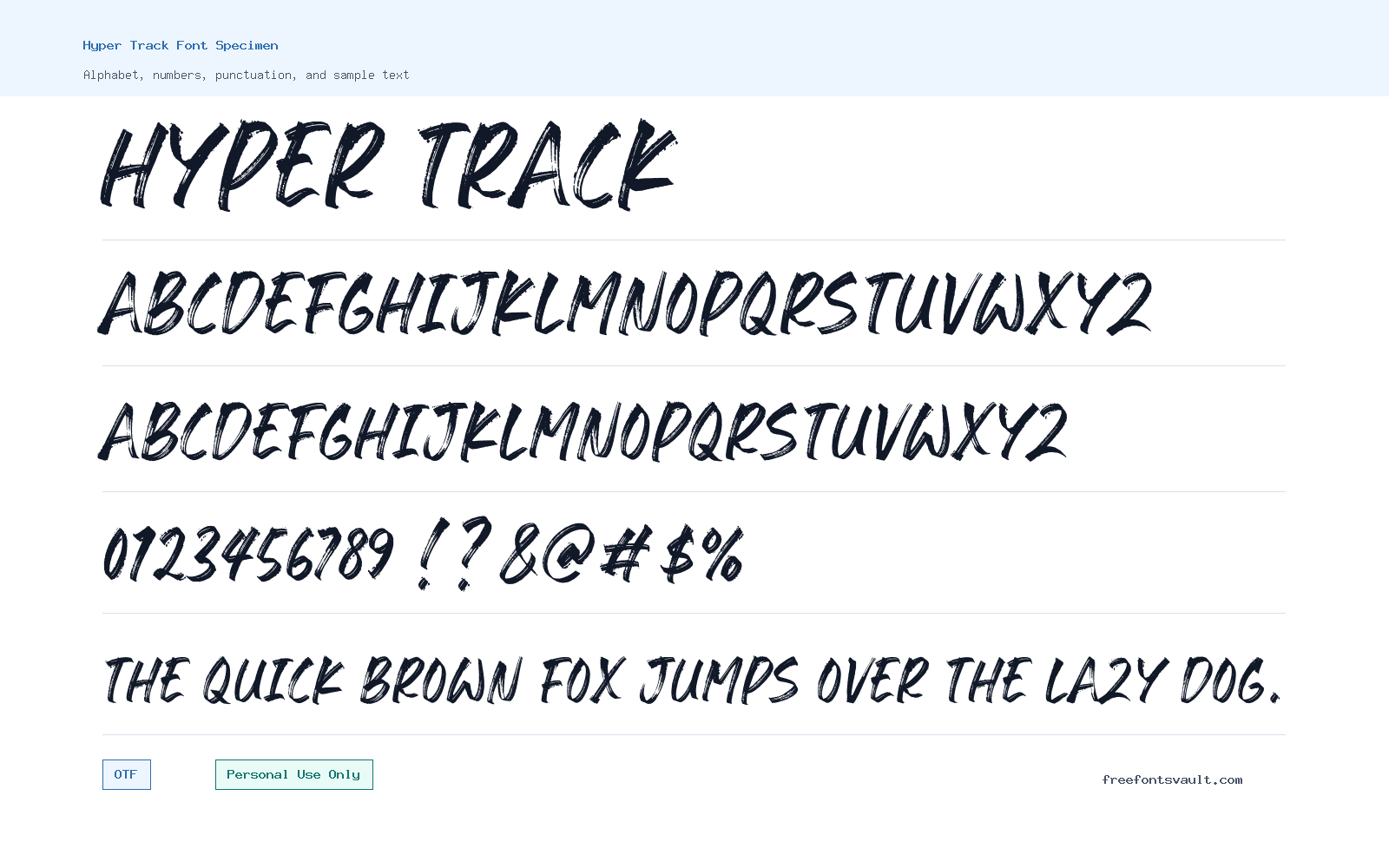 Hyper Track font specimen showing alphabet, numbers, and sample text