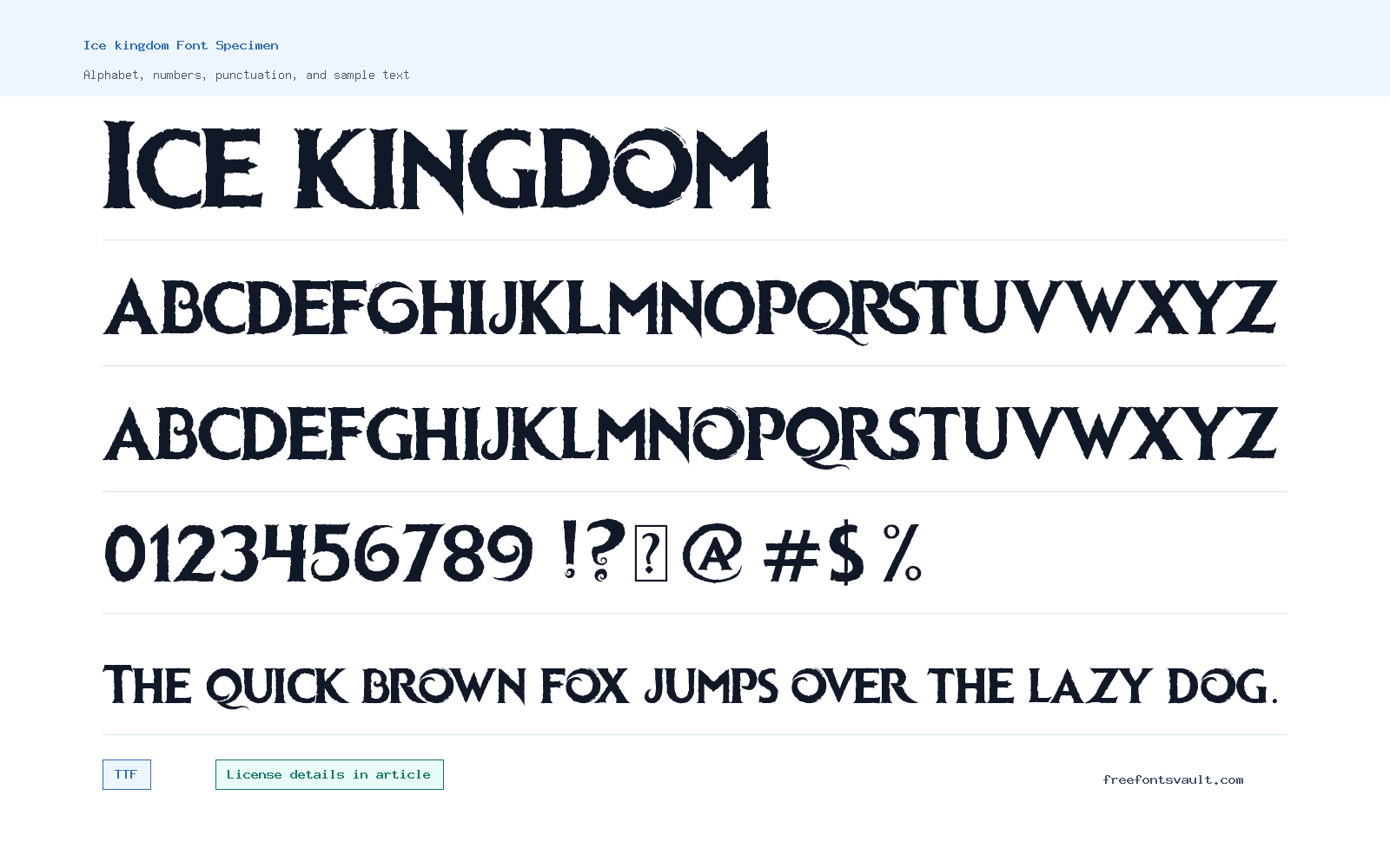 Ice kingdom font specimen showing alphabet, numbers, and sample text