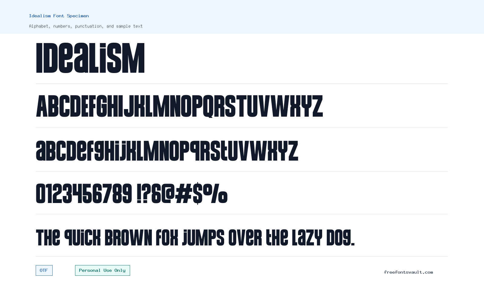 Idealism font specimen showing alphabet, numbers, and sample text