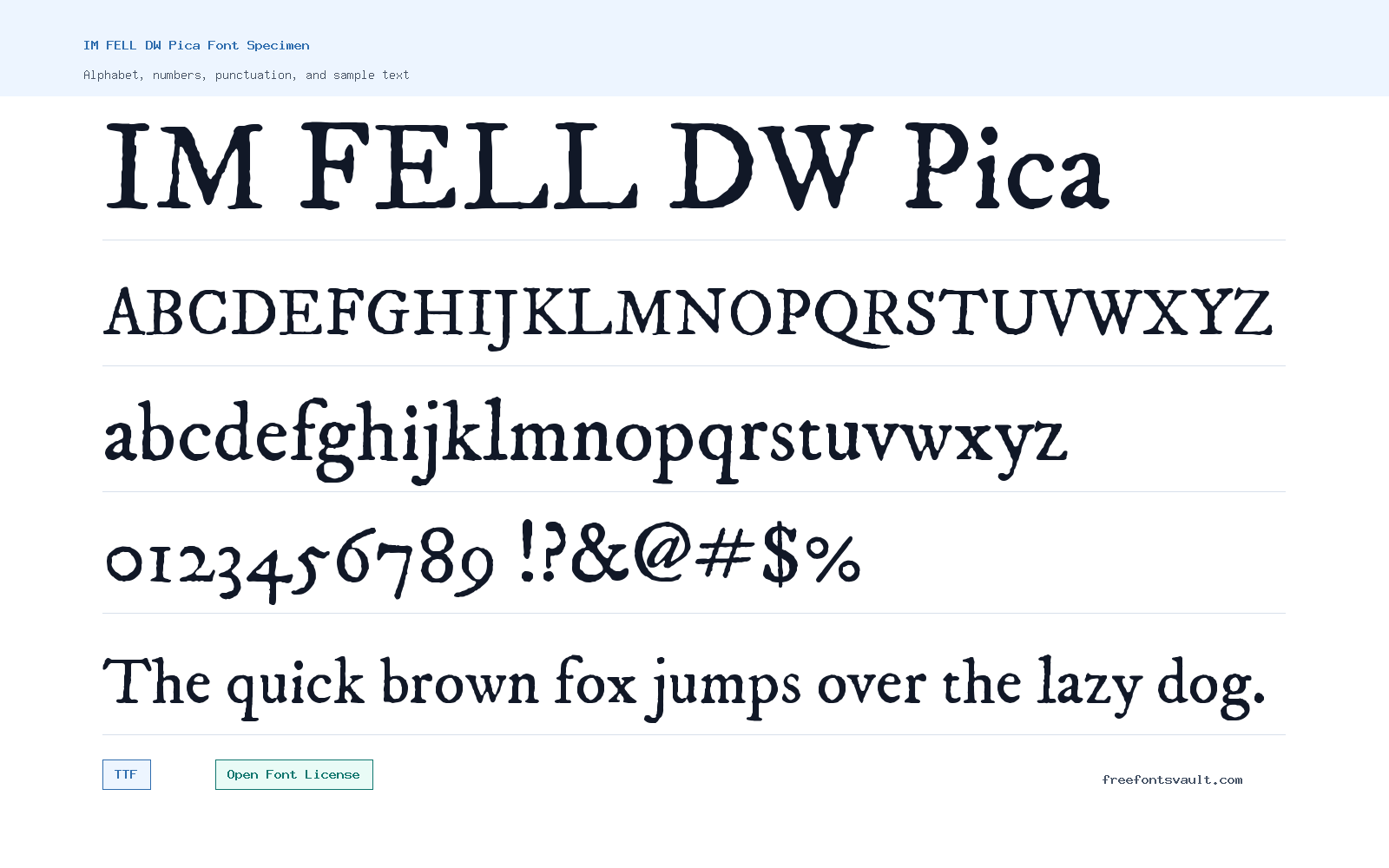 IM FELL DW Pica font specimen showing alphabet, numbers, and sample text
