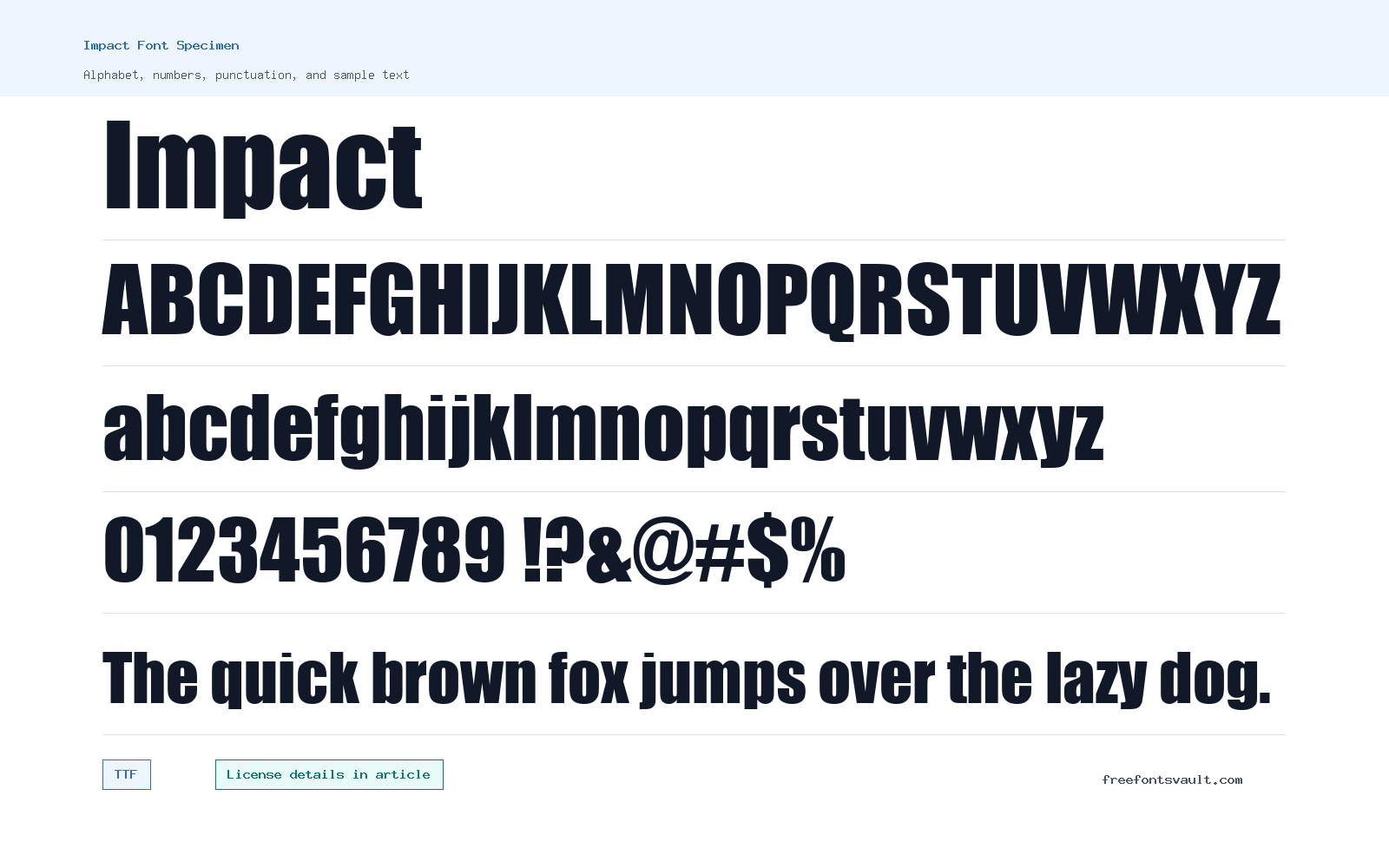 Impact font specimen showing alphabet, numbers, and sample text
