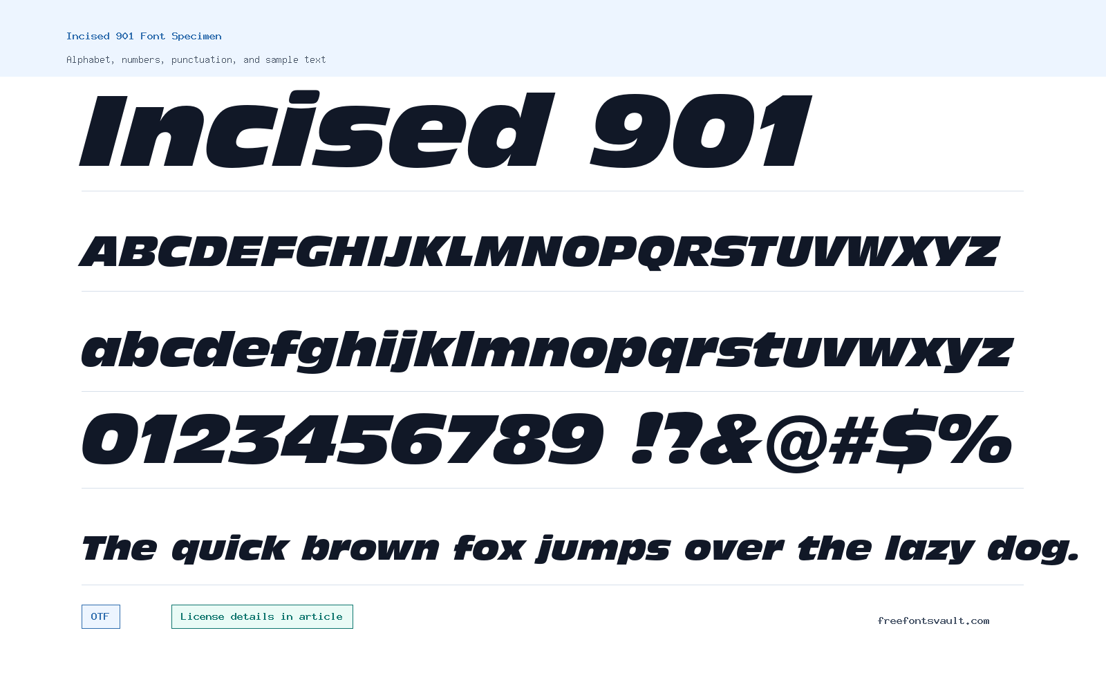 Incised 901 font specimen showing alphabet, numbers, and sample text