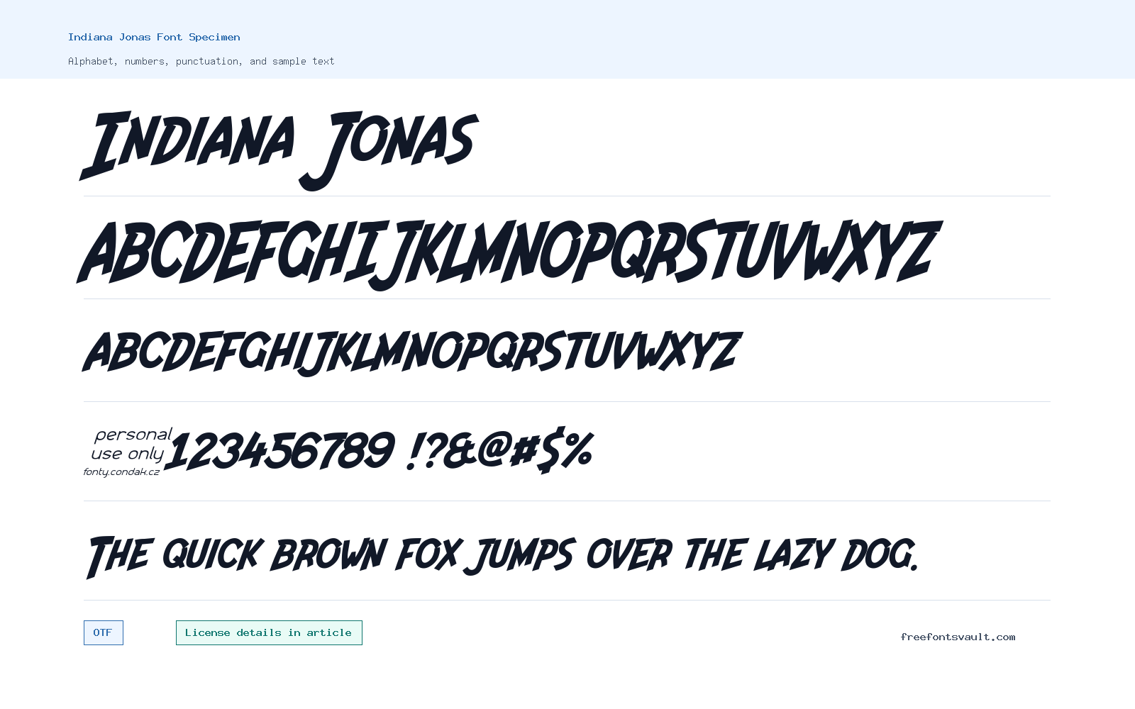 Indiana Jonas font specimen showing alphabet, numbers, and sample text