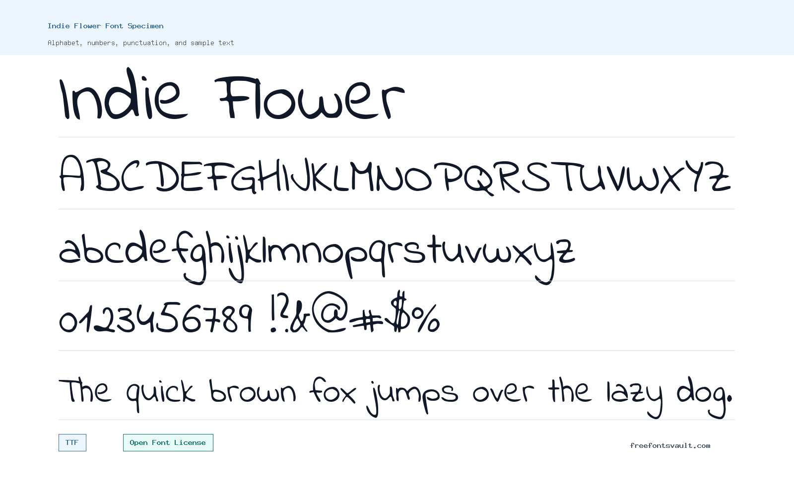 Indie Flower font specimen showing alphabet, numbers, and sample text