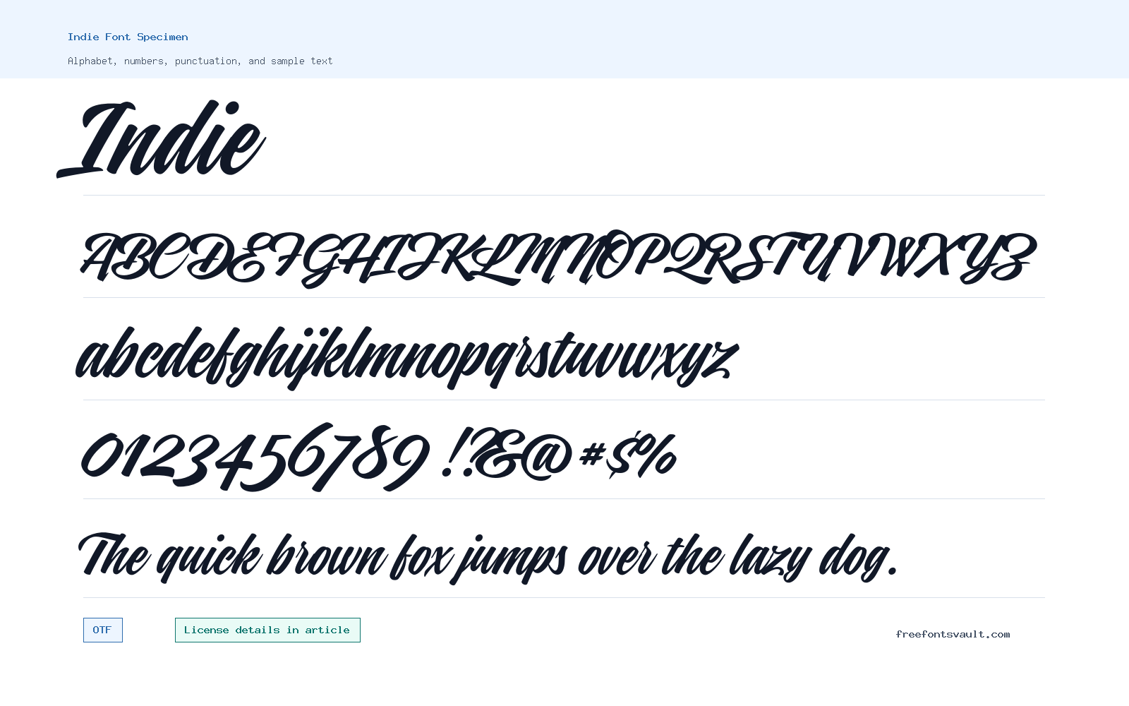 Indie font specimen showing alphabet, numbers, and sample text
