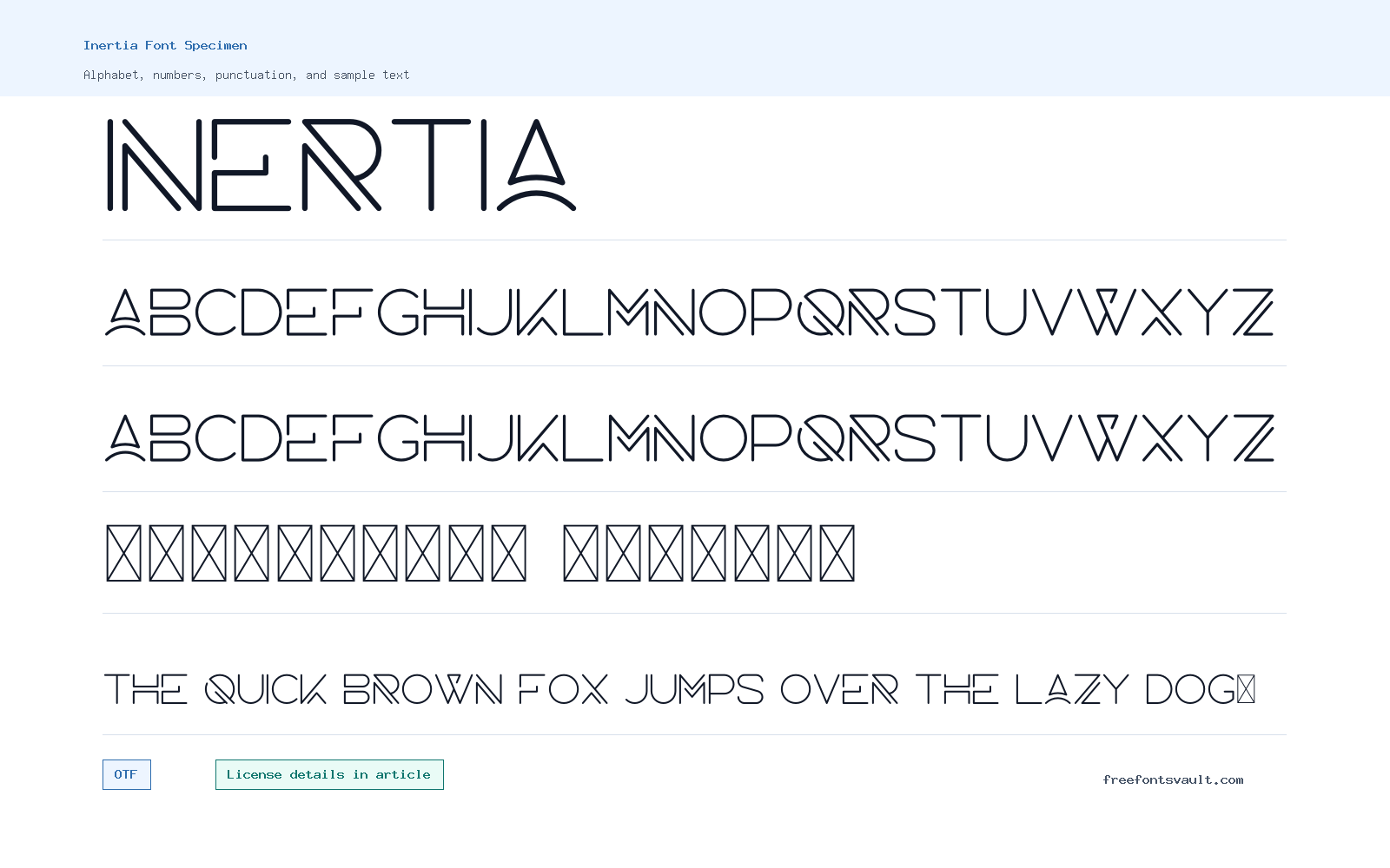 Inertia font specimen showing alphabet, numbers, and sample text