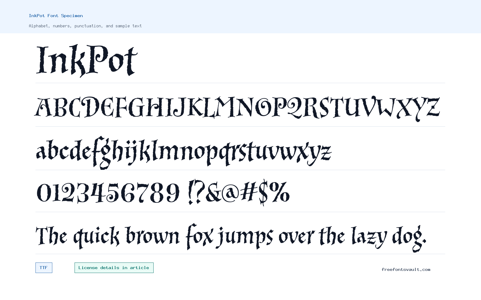 InkPot font specimen showing alphabet, numbers, and sample text