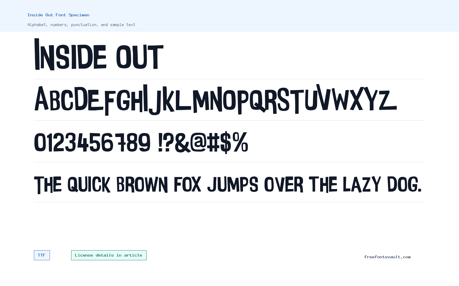 Inside Out font specimen showing alphabet, numbers, and sample text