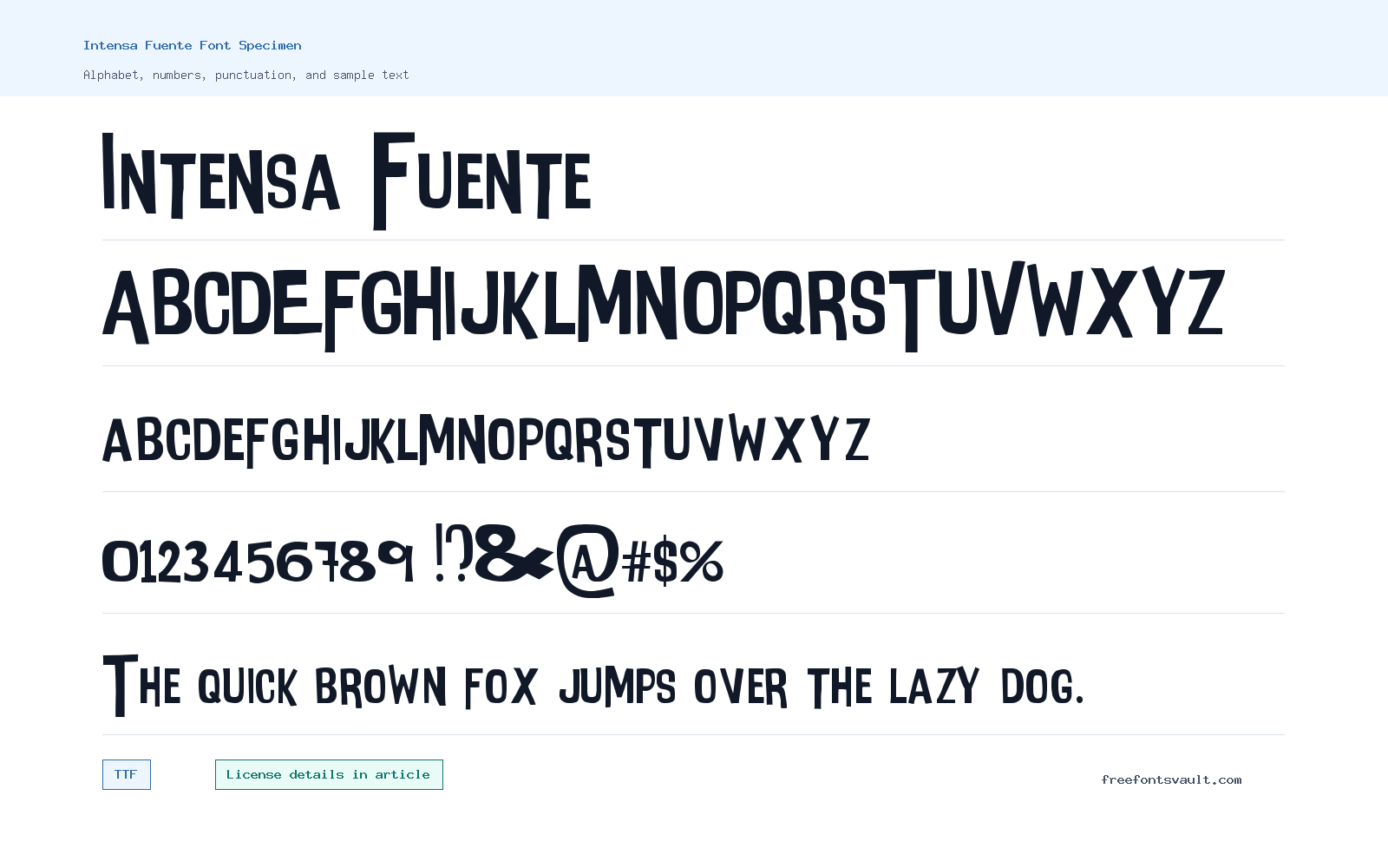 Intensa Fuente font specimen showing alphabet, numbers, and sample text