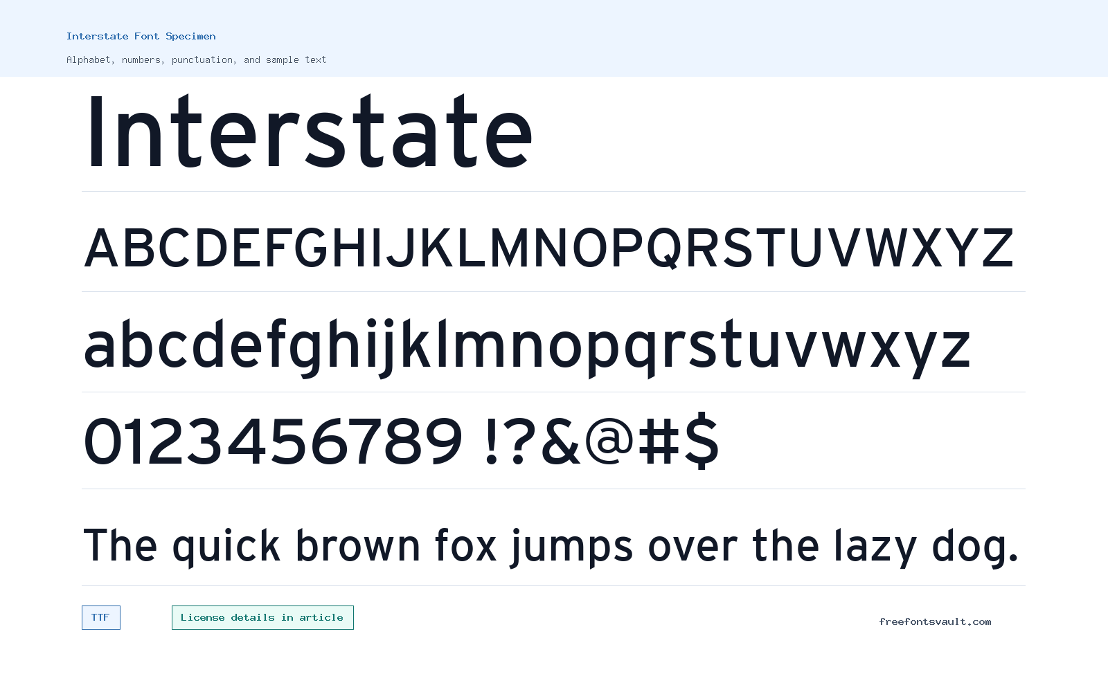 Interstate font specimen showing alphabet, numbers, and sample text