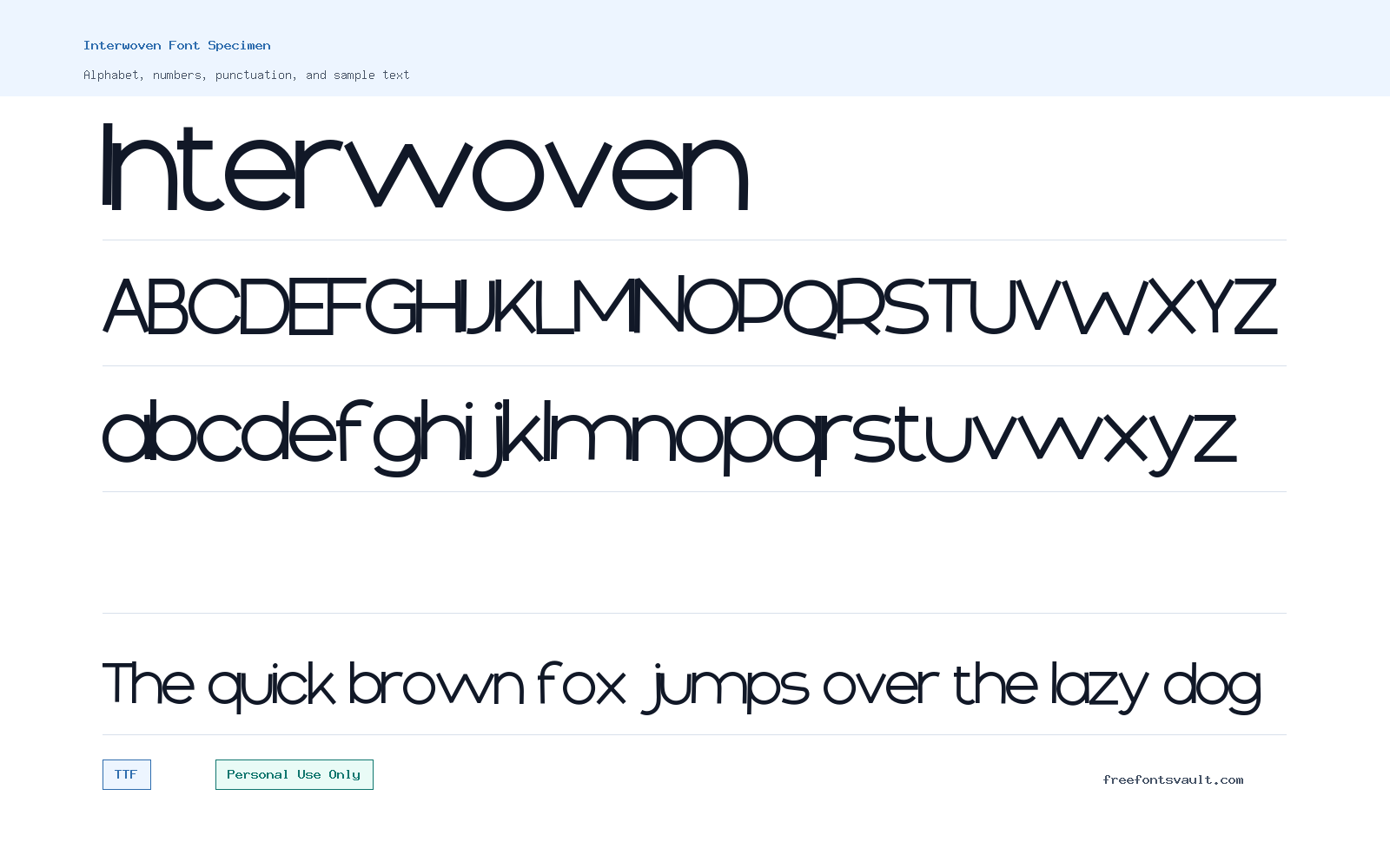Interwoven font specimen showing alphabet, numbers, and sample text