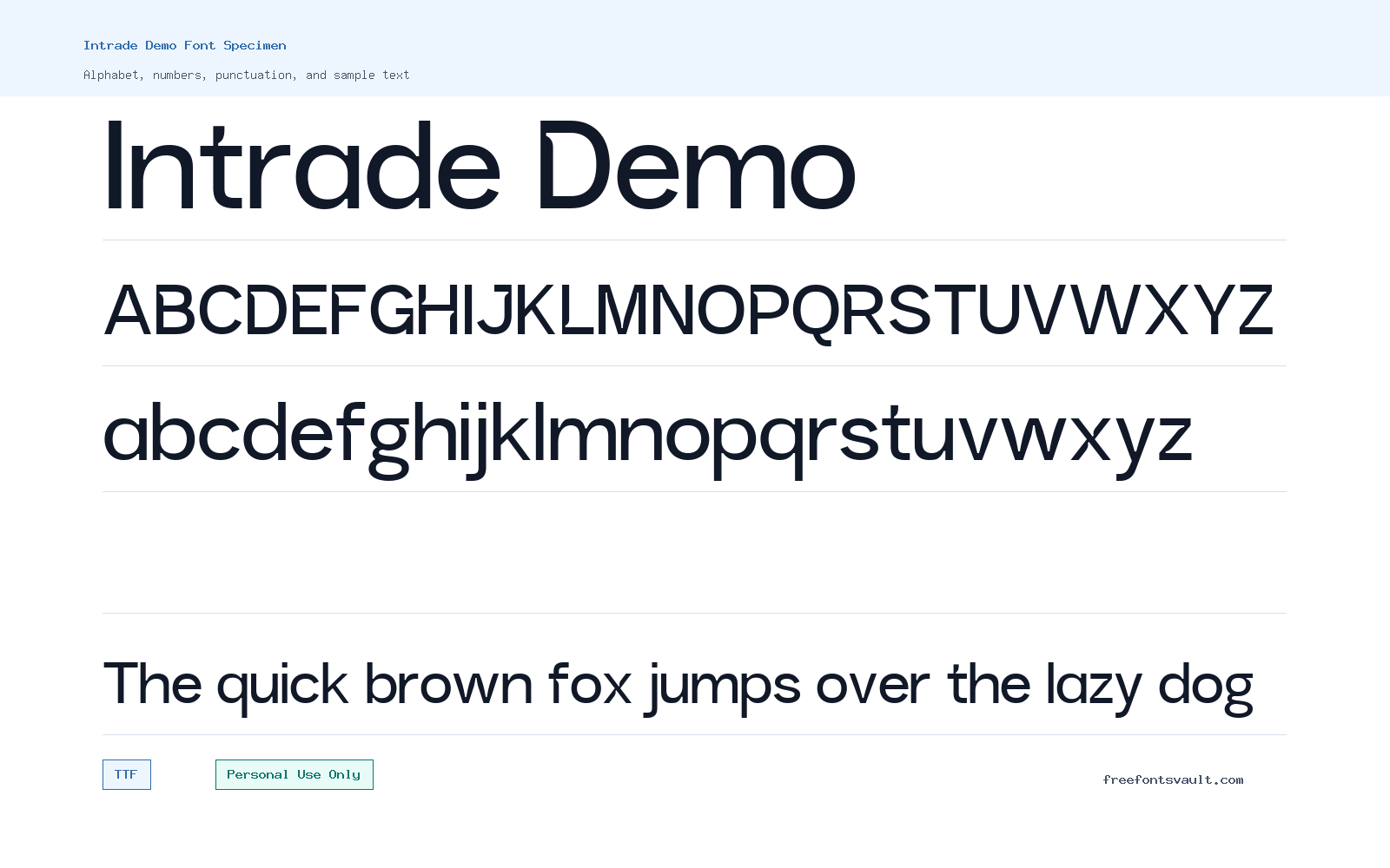 Intrade Demo font specimen showing alphabet, numbers, and sample text