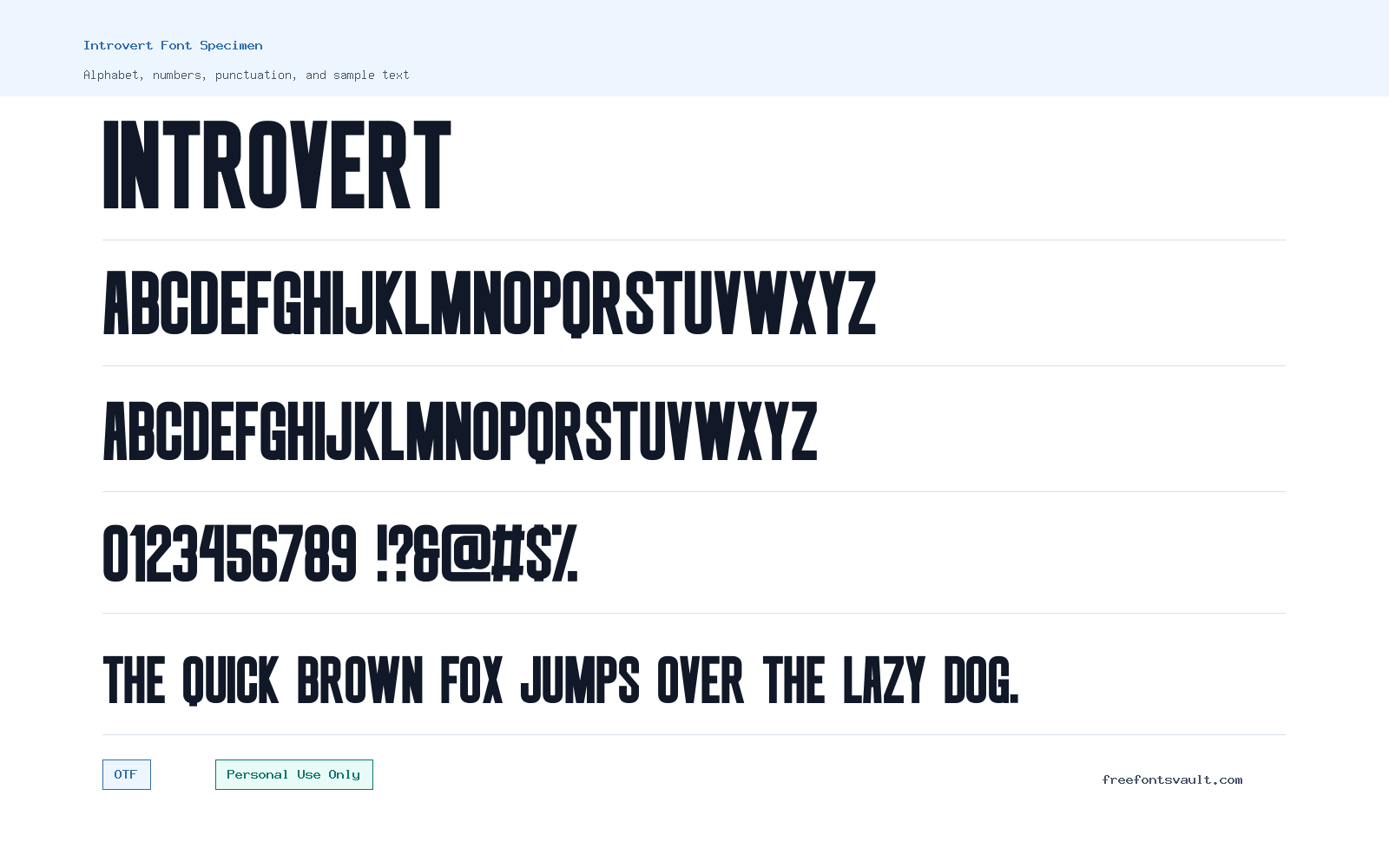 Introvert font specimen showing alphabet, numbers, and sample text