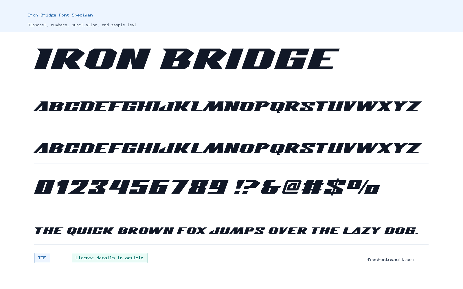 Iron Bridge font specimen showing alphabet, numbers, and sample text