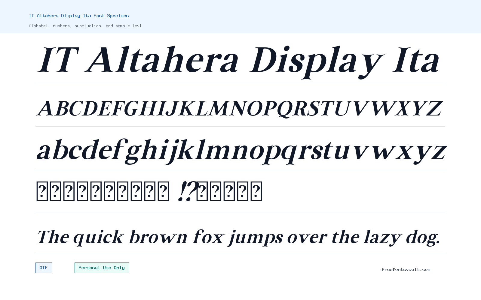 IT Altahera Display Ita font specimen showing alphabet, numbers, and sample text